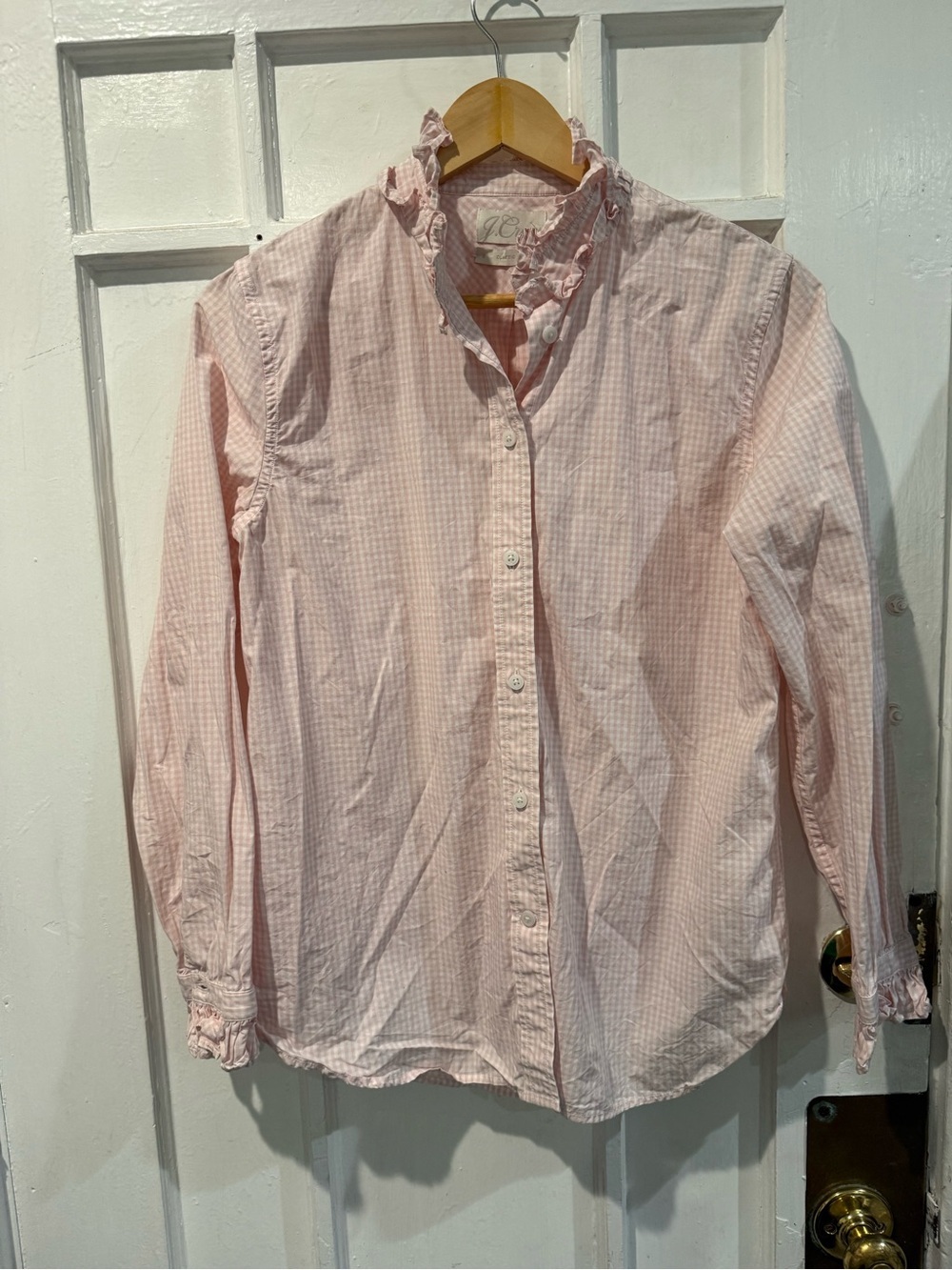 J. Crew Pink Gingham Ruffle Collar Button-Up Top
